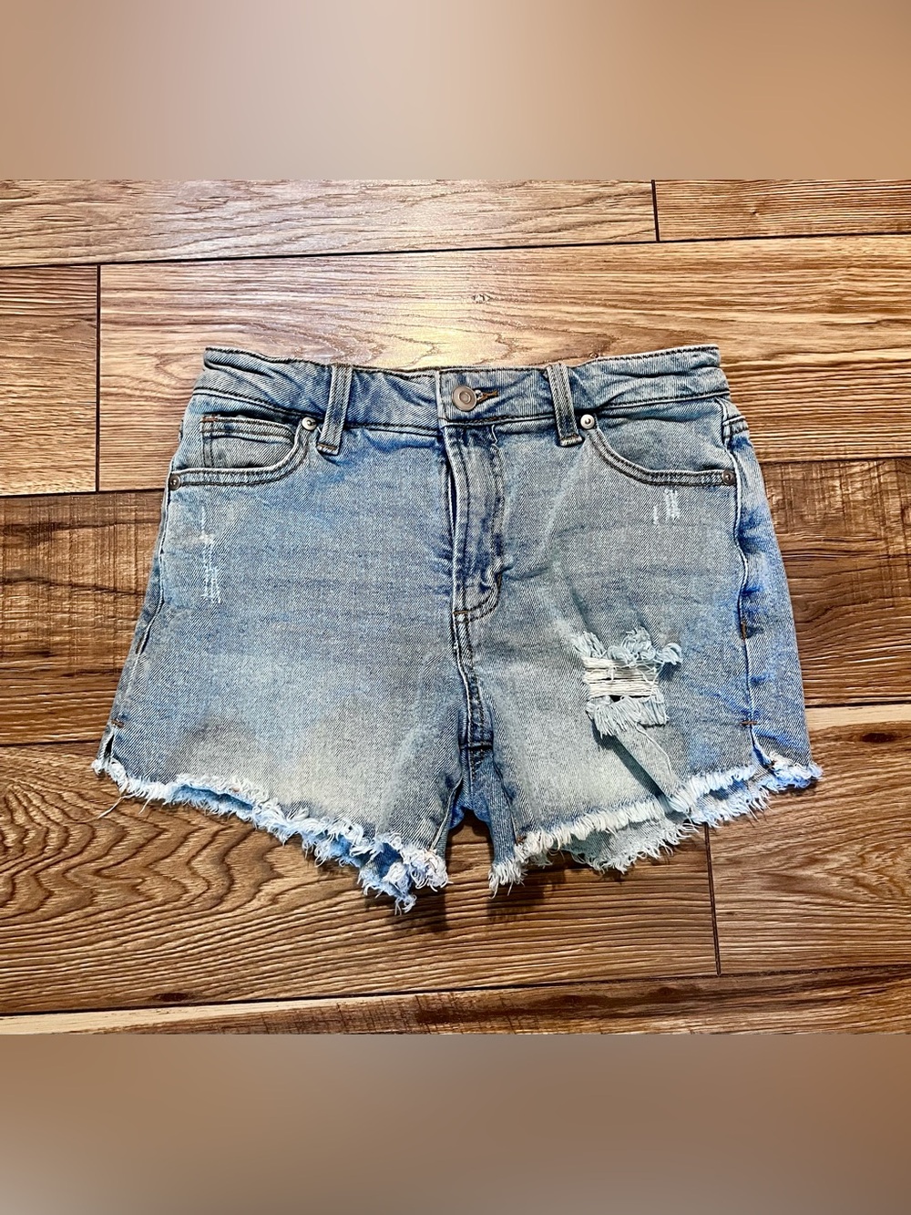 BCBG Frayed Hem Light Blue Denim Jean Shorts